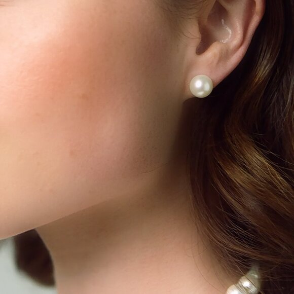 14K Real Gold 10mm White Freshwater Round Pearl Stud Earrings Stamped 14K - Picture 3 of 3